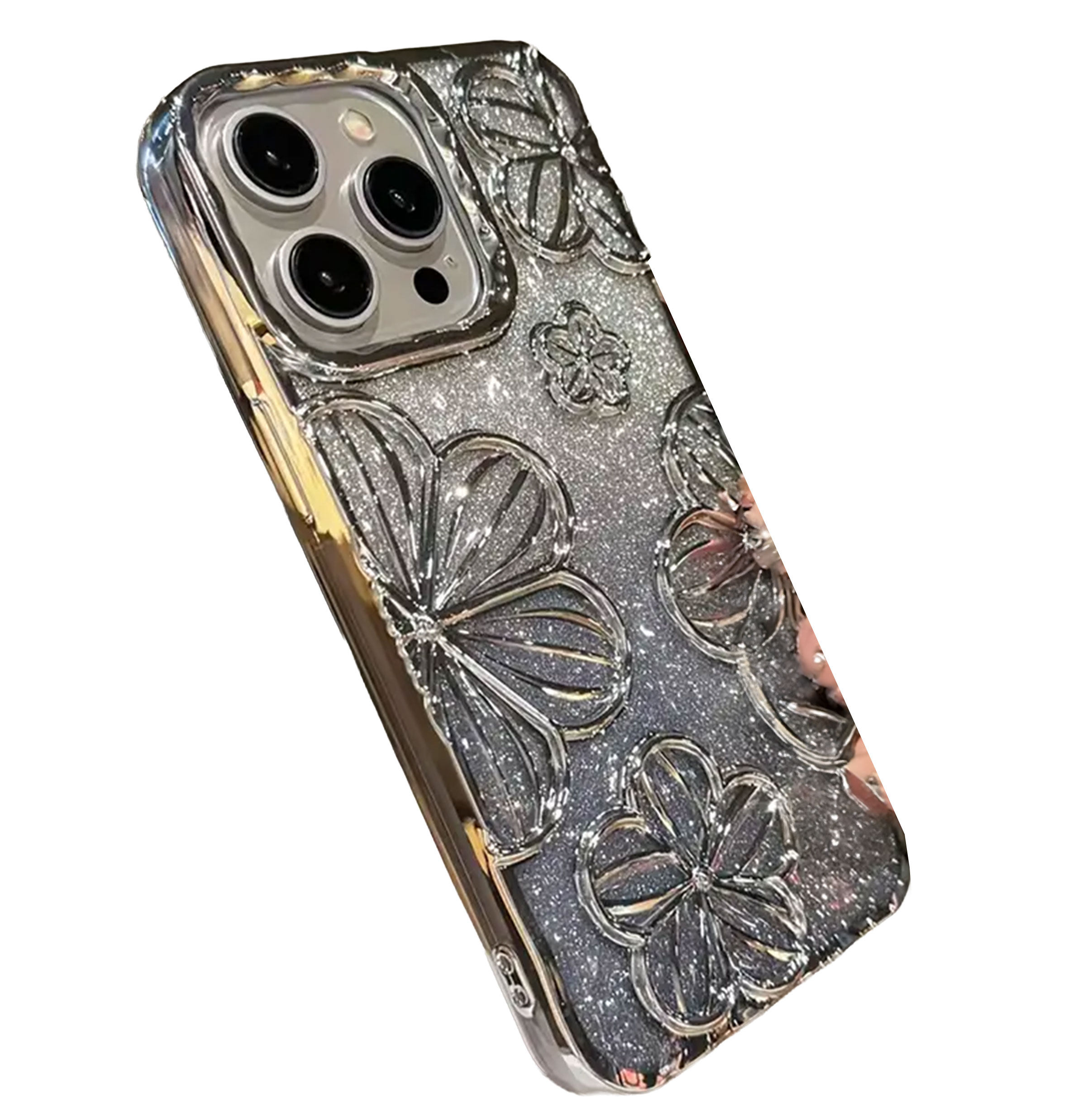 MT Phone Case iPhone 16 3-D Flower Electroplated TPU Grey