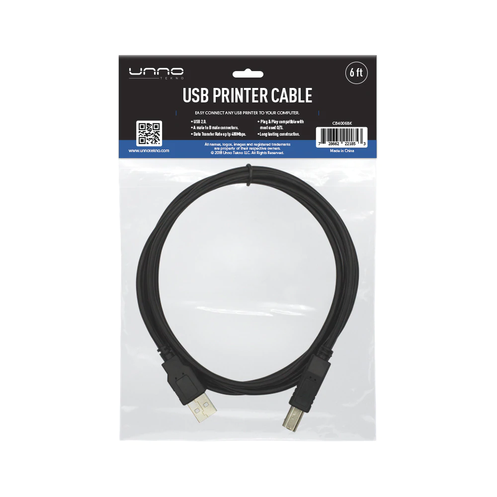 Unno Tekno USB Printer Cable 6ft - CB4006BK - Image 2