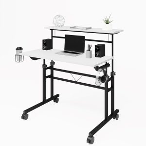 Techni Mobili Rolling Writing Desk with Height Adjustable Desktop and Moveable Shelf – CD-3800SU-WHT