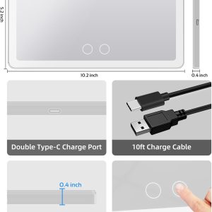 LED Car Vanity Mirror – Dimmable Bicolor Lights – USB Rechargeable – Touch Control – 10.2" Ultra-Thin Design