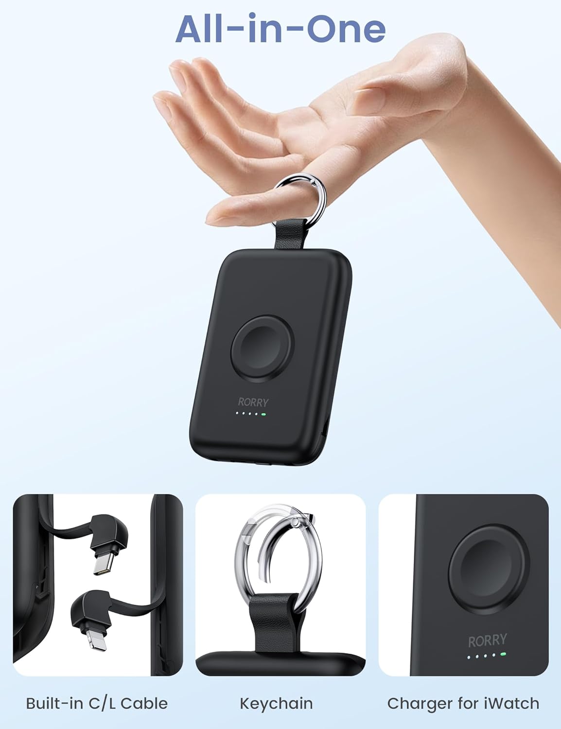 RORRY Portable Charger - 10000mAh PD 20W Fast Charging Power Bank with Built-in Cables - Travel Battery Pack for iPhone & Apple Watch - Black - Image 2