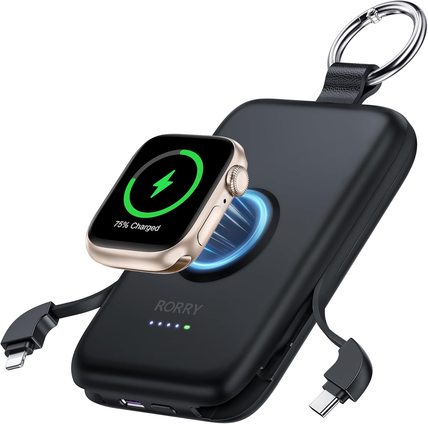 RORRY Portable Charger - 10000mAh PD 20W Fast Charging Power Bank with Built-in Cables - Travel Battery Pack for iPhone & Apple Watch - Black