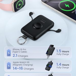 RORRY Portable Charger - 10000mAh PD 20W Fast Charging Power Bank with Built-in Cables - Travel Battery Pack for iPhone & Apple Watch - Black