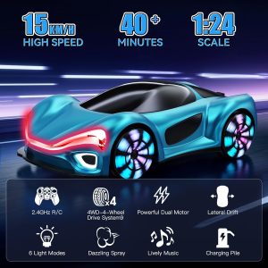 ECOSAT-QUI High-Speed LED Drift RC Car with Smoke Effects & USB Charging – Kids Racing Toy (Ages 3–12) - Blue
