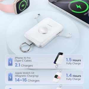 RORRY - Portable Charger, 10000mAh PD 20W Fast Charging - Power Bank with Built in Cables - Travel Battery Pack for iPhone - White 
