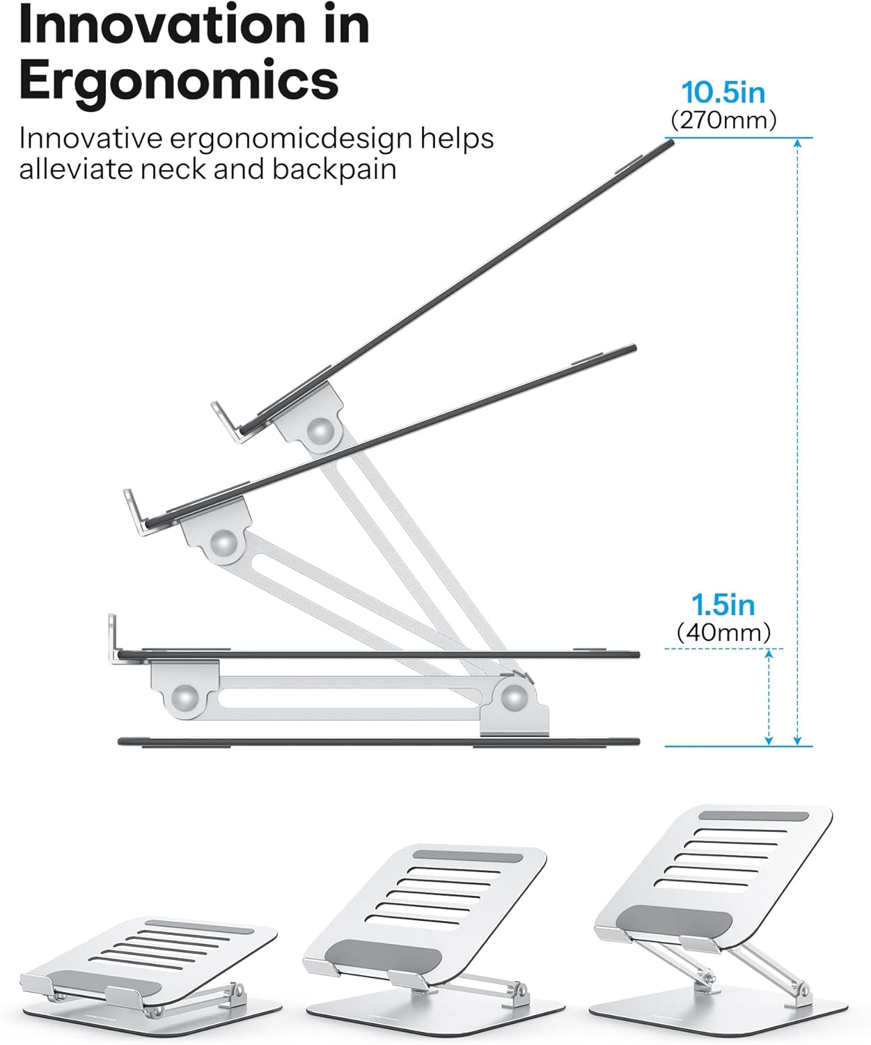 Omoton - Adjustable Laptop Stand – Ergonomic – Foldable & Portable – Height Adjustable up to 270mm – Metal – Cooling Design -10"-17" - Image 2