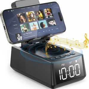 Deeyaple Wireless Bluetooth Speaker with Cell Phone Stand Loud Alarm Clock TF Card Reader 12H Display Mic HD Surround Sound Kitchen Bedroom Office Cell Phone＆Tablet (Black)