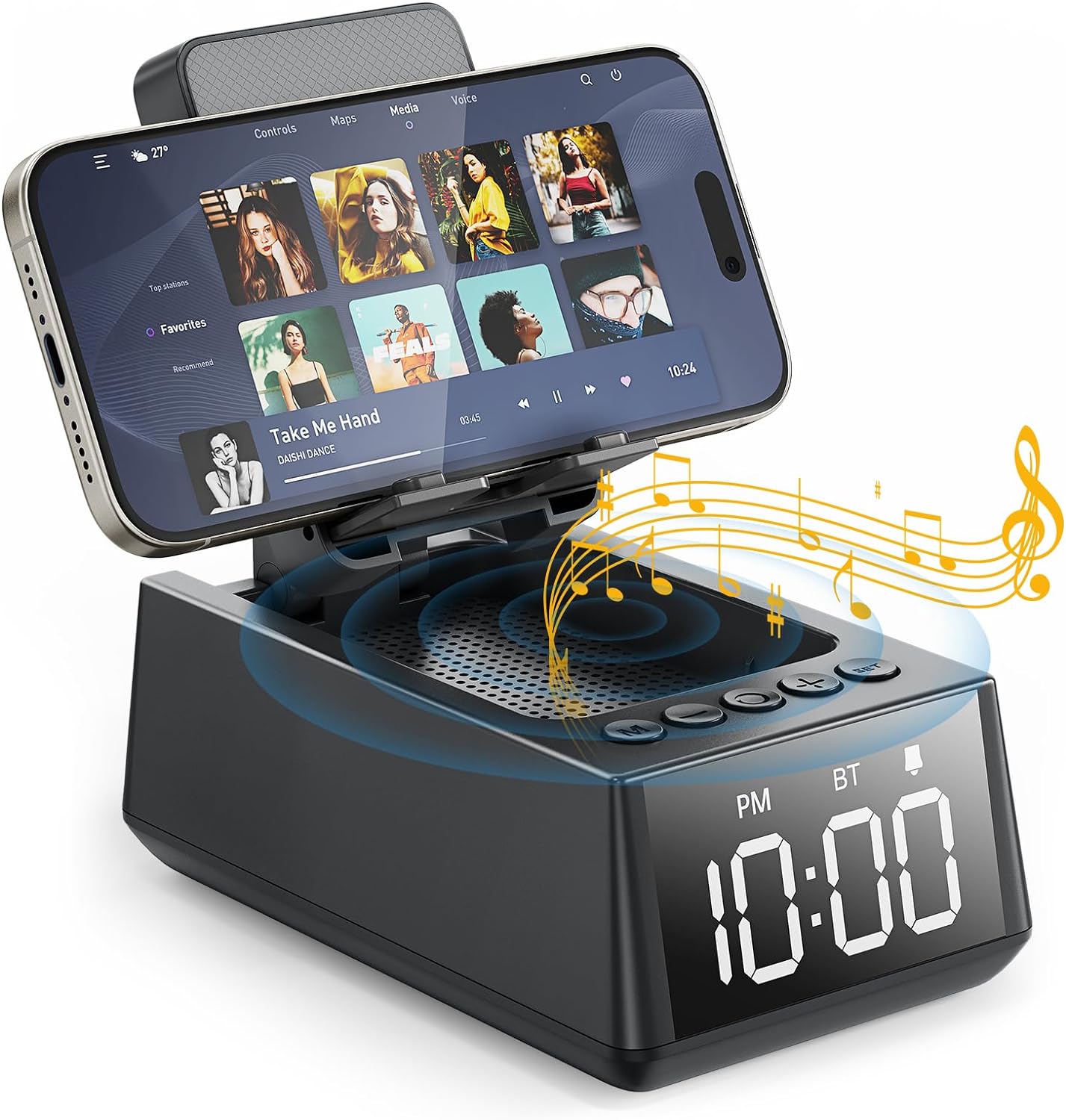 Deeyaple Wireless Bluetooth Speaker with Cell Phone Stand Loud Alarm Clock TF Card Reader 12H Display Mic HD Surround Sound Kitchen Bedroom Office Cell Phone&Tablet (Black)