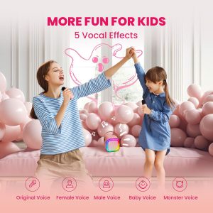 IROO - Kids Bluetooth Karaoke Machine with Lights-Voice Effects & 1-Month Karafun Premium – Portable Singing Toy for Ages 3–12 - Pink