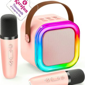 IROO - Kids Bluetooth Karaoke Machine with Lights-Voice Effects & 1-Month Karafun Premium – Portable Singing Toy for Ages 3–12 - Pink