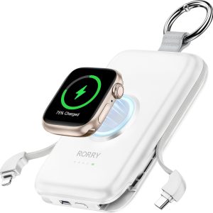 RORRY - Portable Charger, 10000mAh PD 20W Fast Charging - Power Bank with Built in Cables - Travel Battery Pack for iPhone - White 