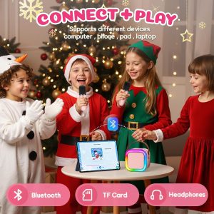 IROO - Kids Bluetooth Karaoke Machine with Lights-Voice Effects & 1-Month Karafun Premium – Portable Singing Toy for Ages 3–12 - Pink