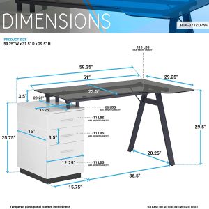 Techni Mobili - Modern Home Office Computer Desk - Smoke Tempered Glass Top - Storage
