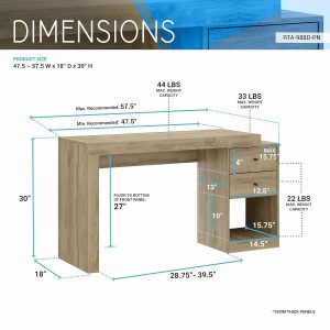 Techni Mobili Expandable Desk with Storage Drawers - Open Shelf  - Pine