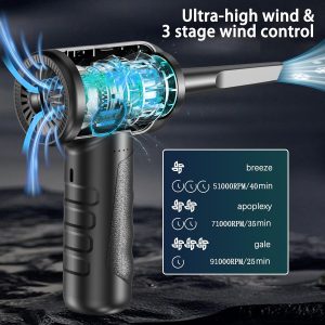 Cagiwiru - Cordless Electric Air Duster – 3-Speed – 91,000RPM – USB-C Rechargeable – Multi-Nozzle – Portable Dust Cleaner