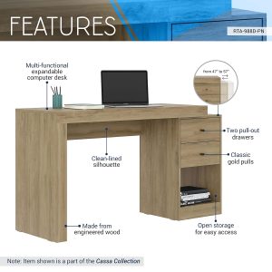 Techni Mobili Expandable Desk with Storage Drawers - Open Shelf  - Pine