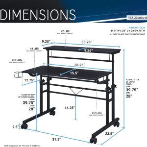 Techni Mobili Rolling Writing Desk with Height Adjustable Desktop and Moveable Shelf - CD-3800SU-BK