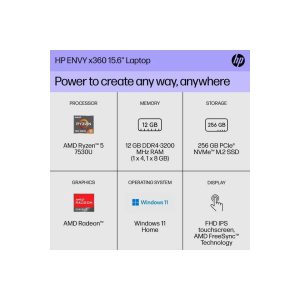 HP ENVY x360 Convertible 15.6" FDH Touch Laptop, AMD Ryzen 5, 12GB, 256GB