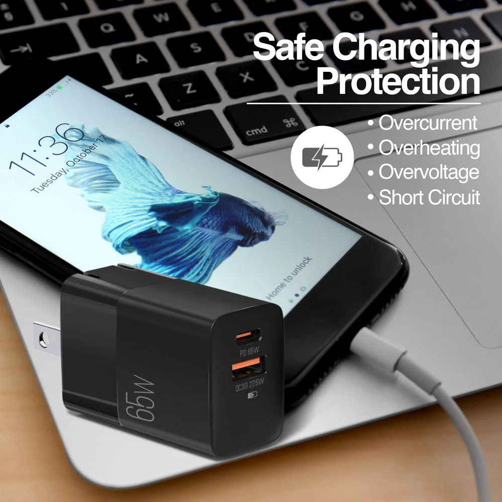 ArgomTech Volta P7 65W PD Type-C + USB with Foldable Plug Wall Charger AC-0125BK - Image 3