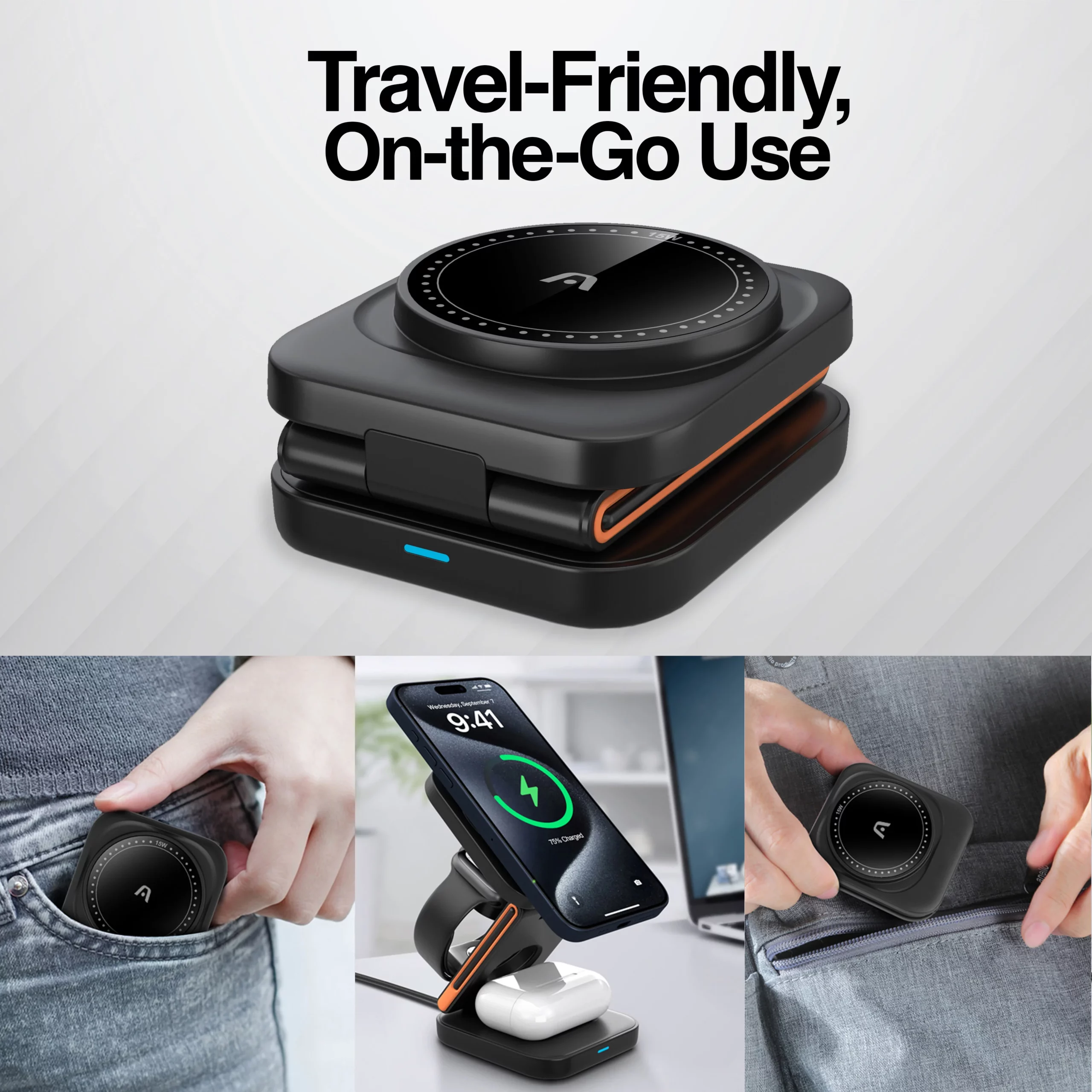 ArgomTech - Wireless Fast Charger 3 in 1 Foldable Stand MAGNETIC S4 - AC-0144BK - Image 5