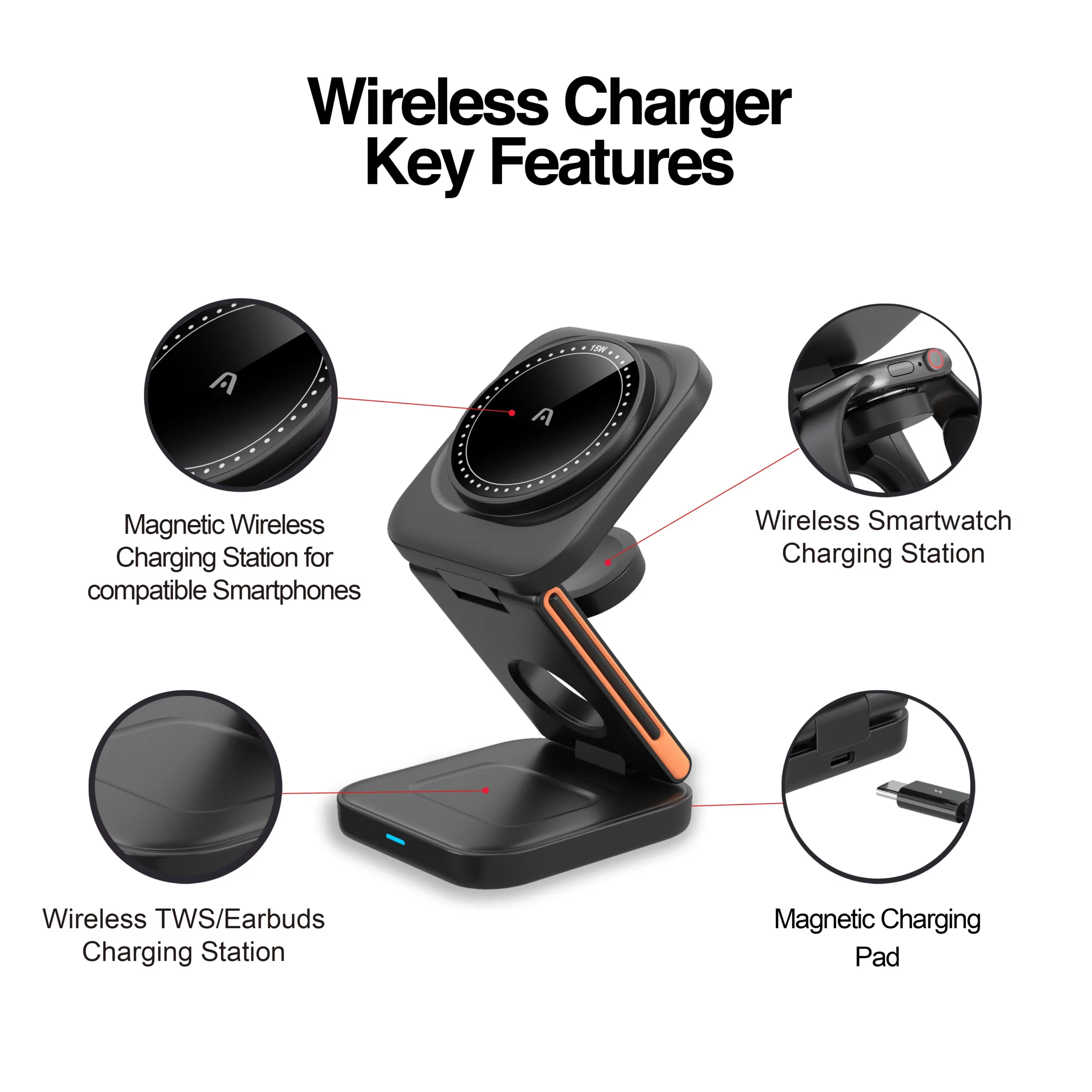 ArgomTech - Wireless Fast Charger 3 in 1 Foldable Stand MAGNETIC S4 - AC-0144BK - Image 8