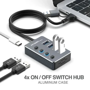 ArgomTech - One Axess 2-in-1 Type-C/USB 3.0 to 4-Port USB 3.0 Hub with Switches