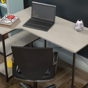 Single-level L-shaped computer desk with shelves