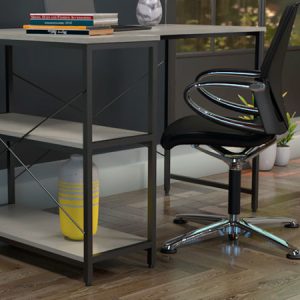 Single-level L-shaped computer desk with shelves