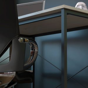 Single-level L-shaped computer desk with shelves