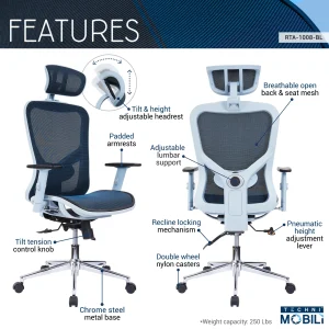 Techni Mobili High-Back Executive Fabric Mesh Office Chair with Arms - Blue RTA-1008-BL