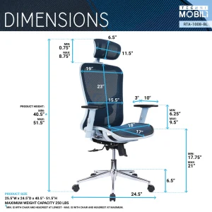 Techni Mobili High-Back Executive Fabric Mesh Office Chair with Arms - Blue RTA-1008-BL