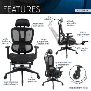 Techni Mobili - Ultimate Reclining Ergonomic Mesh Office Chair with Lumbar Support and Footrest- Black