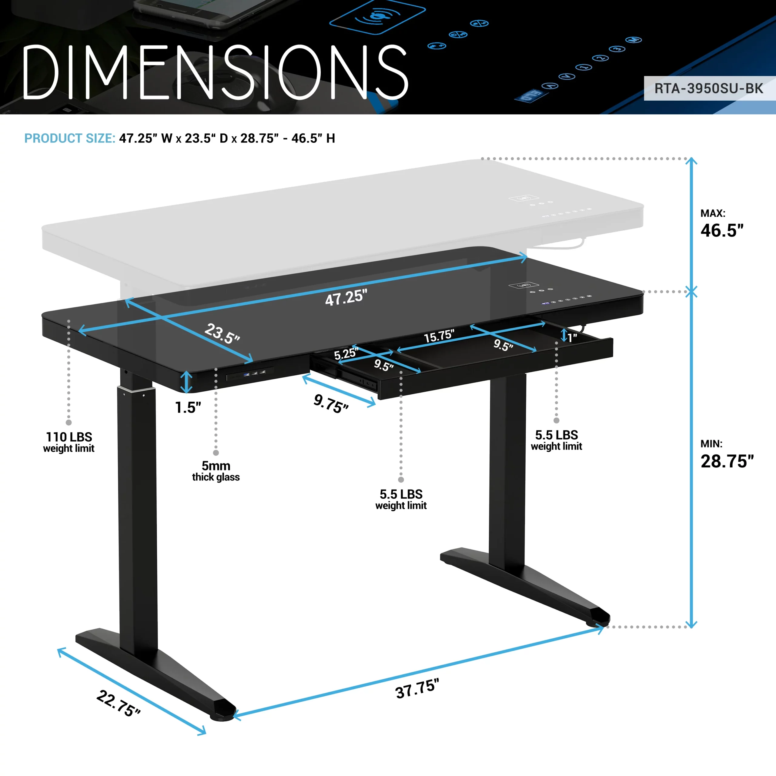 Electronic Glass Desk With Adjustable Height - Storage - Speaker - Wireless charging - Image 8