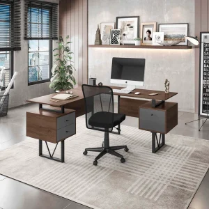 Techni Mobili CD-4809DL- Reversible L-Shape Computer Desk with Drawers and File Cabinet