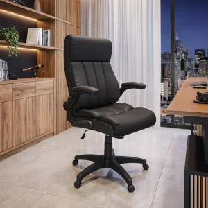 Techni Mobili Ergonomic Faux Leather Office Chair (Black) – Ultra-Padded Executive Desk Chair with Flip-Up Armrests, Height Adjustable, Tilt Control, and Smooth-Rolling Wheels