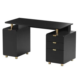 Techni Mobili - Elegant Executive Desk with Gold Accents - 3 Drawers- Cabinet with Adjustable Shelf - Ventilation - CD-4991D-WHT