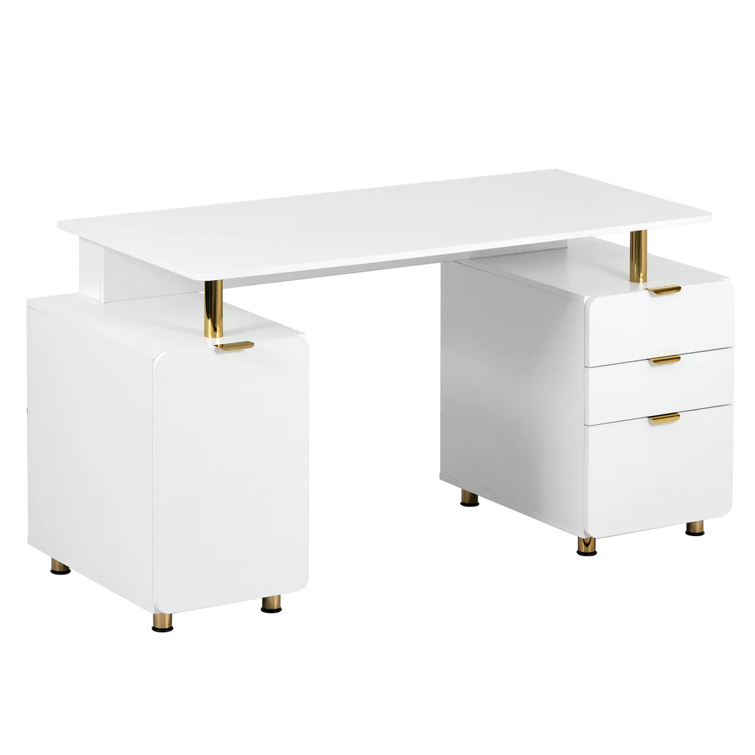 Techni Mobili - Elegant Executive Desk with Gold Accents - 3 Drawers- Cabinet with Adjustable Shelf - Ventilation - CD-4991D-WHT
