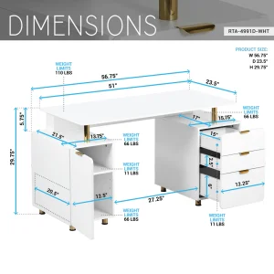 Techni Mobili - Elegant Executive Desk with Gold Accents - 3 Drawers- Cabinet with Adjustable Shelf - Ventilation - CD-4991D-WHT