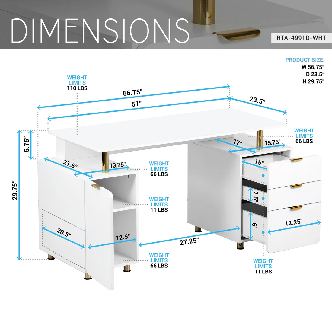 Techni Mobili - Elegant Executive Desk with Gold Accents - 3 Drawers- Cabinet with Adjustable Shelf - Ventilation - CD-4991D-WHT - Image 3
