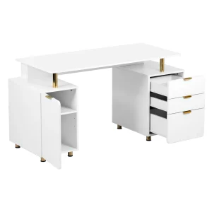 Techni Mobili - Elegant Executive Desk with Gold Accents - 3 Drawers- Cabinet with Adjustable Shelf - Ventilation - CD-4991D-WHT
