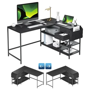 Techni Mobili Modern L-Shaped Desk with 2 Drawers, Storage Shelves, and Fabric Organizer