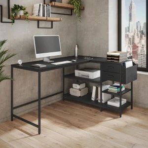 Techni Mobili Modern L-Shaped Desk with 2 Drawers, Storage Shelves, and Fabric Organizer