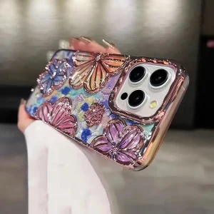 MT Phone Case iPhone 16 Pro Max 3-D Flower Electroplated TPU Pink Red