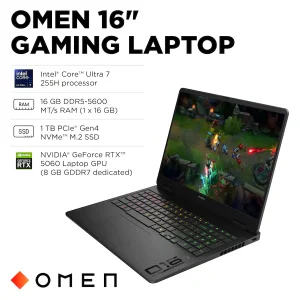 OMEN by HP Laptop 16-am0073dx - Intel Core Ultra 7 - 255H / up to 5.1 GHz - Win 11 Home - GeForce RTX 5060 - 16 GB RAM - 1 TB SSD NVMe - 16" IPS 1920 x 1200 @ 144 Hz - Gigabit Ethernet - Wi-Fi 6E, Bluetooth - black chrome (logo), shadow (black) - kbd: US