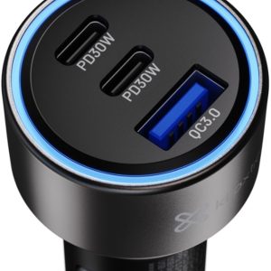 Klip Xtreme PowerCar 60 3-Port Car Charger, USB-C PD 30W + 30W + USB-A QC 3.0 18W, Black