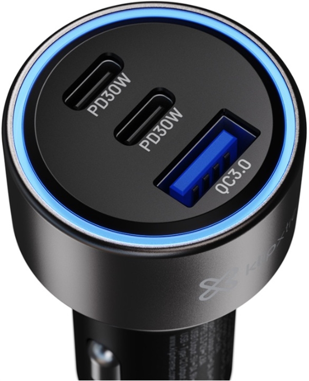 Klip Xtreme PowerCar 60 3-Port Car Charger, USB-C PD 30W + 30W + USB-A QC 3.0 18W, Black - Image 2