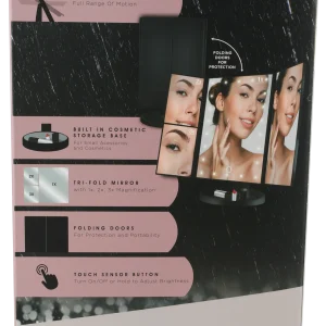 Hollywood Tri-Fold LED Light Up Vanity Mirror - Black