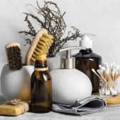 front-view-eco-friendly-cleaning-products-set-with-cotton-swabs-soap